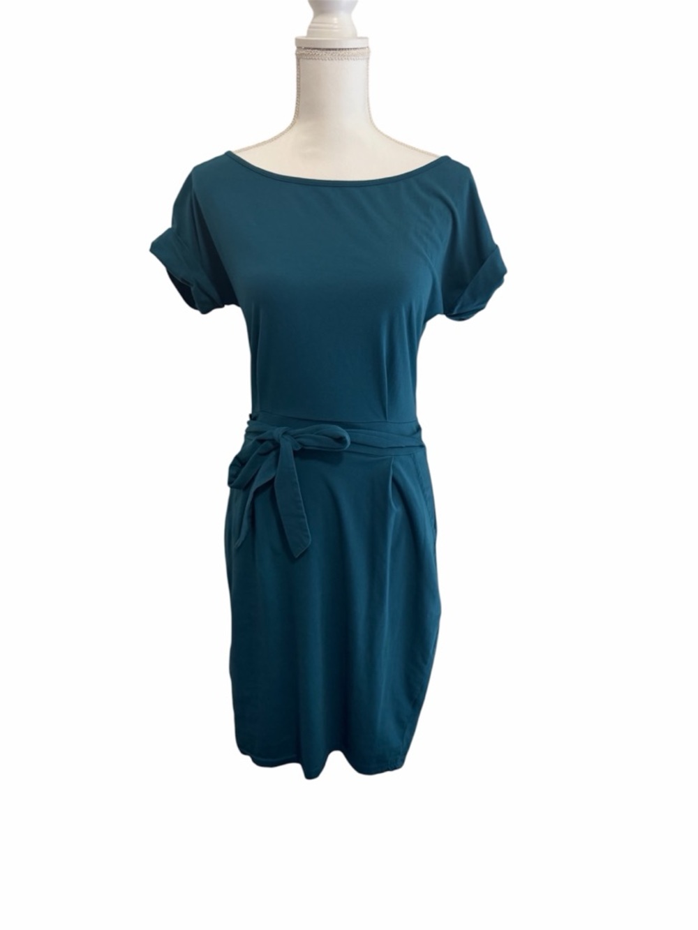 Boatneck Teal Short-Sleeve Belted Mini Dress